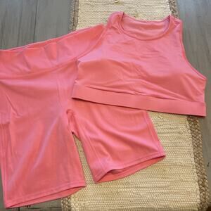 Fabletics Bubblegum Pink Trinity High Impact Sports Bra Motion 365 Shorts Set 1X